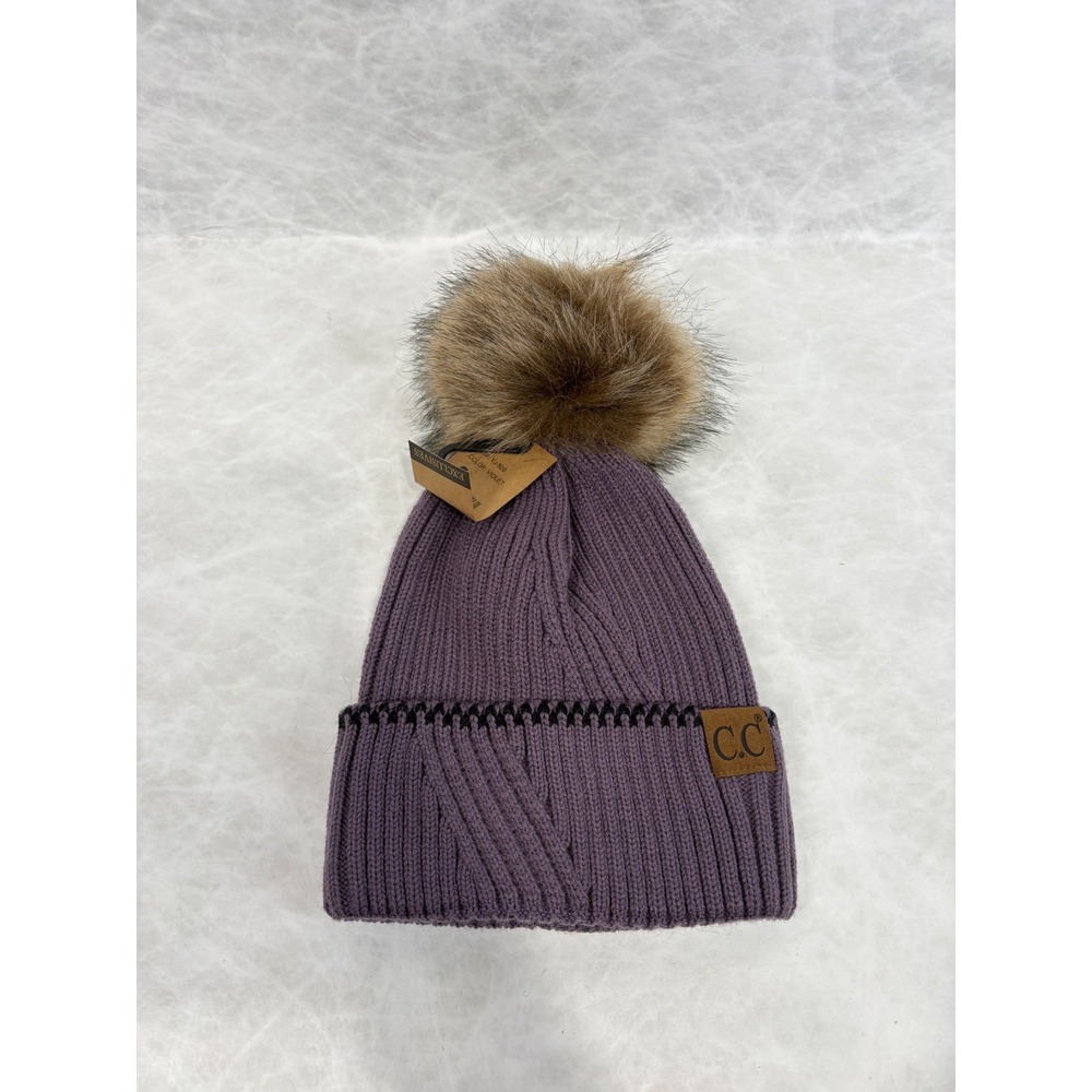 C.C Exclusives Violet Purple Ribbed Knit Beanie Faux Fur Pom Pom Hat YJ-920 NEW